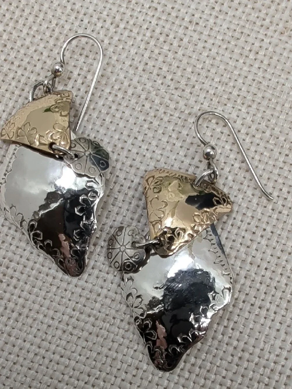 Vintage Hand-Hammered 925 Sterling Two-Tone Shield Dangle Earrings